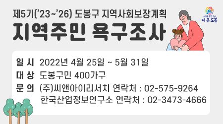 제5기(′23~′26) 도봉구 지역사회보장계획 지역주민욕구조사  일    시 : 2022년 4월 25일 ~ 5월 31일 문    의 : (주)씨앤아이리서치 연락처: 02-575-9264